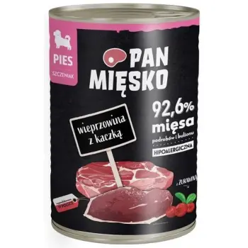 Pan Mięsko Karma mokra dla szczeniąt Wieprzowina z kaczką puszka 400g