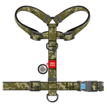 Collar WauDog Nylon Szelki nylonowe anatomiczne w kształcie litery H, z QR-paszportem, plastikowy fastex, wzór MILITARY, rozmiar M 20mm