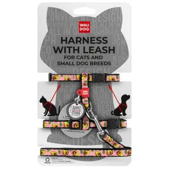 Collar WauDog Nylon Szelki se smyczą nylonowe anatomiczne w kształcie litery H, z QR-paszportem, plastikowy fastex, wzór AWOKADO NA RÓŻU, rozmiar XS