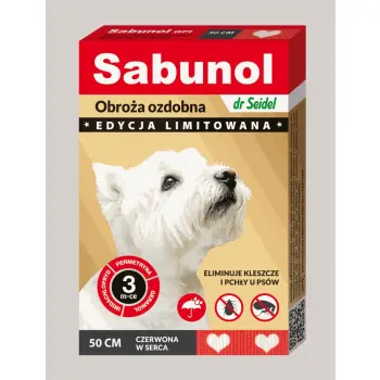 SABUNOL GPI obroża ozdobna czerwona w serca przeciw kleszczom i pchłom dla psów 50cm